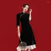 Ethnic Clothing Black Golden Velvet Young Girls' Improved Cheongsam