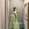 الفساتين غير الرسمية 2023 أزياء الأزهار الأخضر فستان الصيف شبكية حبال منتصف الطول للنساء F613