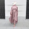 Ropa étnica Satén 3 piezas Conjuntos a juego Conjuntos musulmanes Moda Mujeres Abayas abiertas Kimono Cardigan Vestido interior largo Abrigo Falda Islámica Dubai