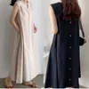 Casual jurken katoenen linnen jurk losse v-neck massieve kleur rug met een borte ontwerp mouwloos een swing Japan dames zomerscasual