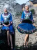 Desgaste do palco Trajes chineses Roupas hmong estilo étnico bordado azul dança folclórica performance traje adulto miao chapéu roupas