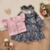 Kledingsets 0-3 jaar Peuter Baby Girl Dress Bloemprint Lange mouw Design gebreide Vlieg Vest Bowknot Hairband Rok