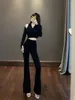 Damskie koszulki TVVOVIN Koreańska dziewczyna w stylu dwuczęściowy top z długimi rękawami krótkie topy koszulki z kołnierzem polo sexy High Street 3PM4