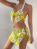 Stage Wear Sexy Night Bar DJ Gogo Dance kostuum gele witte spiegel bikini rok rave outfit strand feest pailletten taille ketting body sieraden