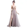 Ethnic Clothing V-Neck Long Spaghetti Strap Mesh Pleated Dress Ladies Front Split Elegant Banquet Gown Sexy Backless Slim Evening Party