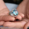 Wedding Rings Luxury Silver Plated Oval Cut Sea Blue Gems Crystal Ring Bridal Engagement Anniversary Gift For Women Lover's Gifts