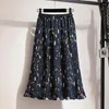 Skirts Women Spring Summer Midi-length Femme Floral Print Pleated Bottoms Elastic High Waist Elegant Skirt For Mujers