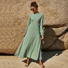 Lässige Kleider Damen Frühling und Sommer Rundhalsausschnitt Pure Slim Langarm Mode Weiß Linear Grün Rock Loses Kleid