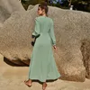 Lässige Kleider Damen Frühling und Sommer Rundhalsausschnitt Pure Slim Langarm Mode Weiß Linear Grün Rock Loses Kleid