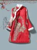 エスニック服H.Rong.x Tang 2023Winter Chinese Cheongsamドレス伝統的なレトロレッド改善Qipao Cotton Fleece CNY2023 Women Party