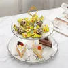 Assiettes en céramique de Style européen, support à gâteau à trois couches, assiette en marbre pour la maison, vaisselle en porcelaine, plateau à bonbons, Dessert à 2 couches