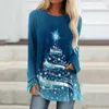 Camas femininas Treça de Natal de Glitter Feminina Camisa Impressa Mulheres Clothing Autumn Winter Ladies Xmas Manga longa o Pescoço Tops Roupas