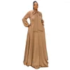 Casual Dresses Women Solid Color Loose Evening Dress With Pocket Bow Neck Lantern Sleeve Maxi Long Office Lady Femme Vestidos