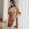 Women's Sleepwear Sexy 2PCS Robe Sets Female V-Neck Faux Silk Sleeping Gowning Lounge Bathrobe Sling Nightdress Lace Sweet Wedding Nightwear