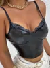 Canotte da donna CHRONSTYLE Canotta da donna nera con scollo a V in pizzo PU Patchwork in pelle Slim Fit Canotta estiva Push Up Mini Canotta Top Party Clubwear