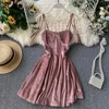 Casual Dresses Summer Velvet Dress Fashion Women Slim Bodycon Mini Party Vintage Spaghetti Strap Backless Robe Vestidos Mujer