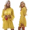 Robes décontractées robe sans dos jaune sexy femme mini mousseline de soie en dentelle à manches longues pour