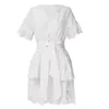 Abiti da festa Fashion Design Ricamo da donna Casual Scollo a V Bianco Manica corta Spiaggia Mini abito scava fuori Impero quotidiano