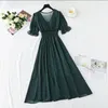 Partykleider 2023 Sommerkleid für Frauen Bürodame Kurzarm elastische Taille Polka Dot Print Vintage Elegant Chiffon lang