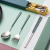 Dinnerware Sets Stainless Steel Spoon Fork And Chopsticks Three-Piece Set Portable Tableware Student Travel Camping Storage Box