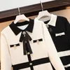 Casual Dresses Elegant Women Beading Button Knitted Dress Chic Autumn Black White Hit Color Pearl Bowknot Lapel Collar Sweater