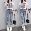 Women's Tracksuits Summer Women Sets Fashion Short Sleeve Sequins T Shirt Hole Jeans 2pcs Large Size Female Girl Casual Denim Pants Suits