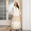 ملابس عرقية عيد العدو 2023 المسلمين مقنعين Abaya Mesh Gold Thread Embroidery Women Morocco Dubai Saudi Maxi Dress Caftan White