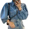 Women's T Shirts Ladies Stitching Casual Loose Denim Long-sleeved Indie T-shirts Women Y2k Blue Tshirts Tops Elegant 2023 Fall Fashion Tees