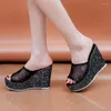 Slyckor Mesh Slope Heel Sandals för kvinnor att bära tjockt solade högklackad utrikeshandel 2023 Summer Platform Flip Flops