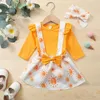 Flickaklänningar 3st småbarn spädbarn barnflickor höstkläder sätter fast långärmad romper sol tryckt bågsupphängning kjol pannband 0-24m