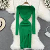 Casual Dresses Hikigawa Chic Fashion Woman Autumn Slim Square Collar Long Sleeve Knitted For Women Solid Sexy Slit Vestidos Mujer