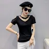 Women's T Shirts Mesh Perspective Sexy Short Sleeve Shirt Women Summer Tops Thin Femme Diamonds O-neck Streetwear Tshirt