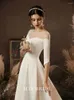 Abbigliamento etnico Abito da sposa francese formale senza schienale sexy Abito da banchetto lungo a trapezio in raso bianco elegante da donna