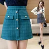 Skirts Blue Striped Autumn Woolen Women High Waist Korean Shorts Skirt Bodycorn Casual Mini Elegant Office Lady Vintage