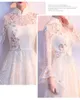 Ethnic Clothing Champagne Fashion Chinese Lace Short Cheongsam Dress Embroidery Long Sleeve Chinoise Oriental Style Dresses Qi Pao Size