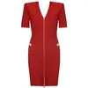 カジュアルドレス高品質の女性の赤い半袖タイトな包帯ドレス2023 Vネックジッパーセクシーミニクラブパーティーベスティドス