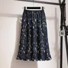 Skirts Women Spring Summer Midi-length Femme Floral Print Pleated Bottoms Elastic High Waist Elegant Skirt For Mujers