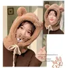 Berets Winter Cute Cartoon Bear Ear Lamb Plush Hat Beanies Cap Thicken Warm Outdoor Windproof Scarf Mask Set Cycling Sports Bonnet