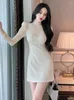 Casual Dresses Mesh Elegant Women aftonklänning Perspektiv Pile Collar Diamonds Puff Sleeve Mini Club Femme Sexig Mujer Vestidos High