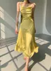 Lässige Kleider, elegant, sanfter französischer Träger für Damen, sexy, ärmellos, A-Linie, Strand-Partykleid, Sommermode, Satin, langes Sommerkleid, lässig