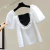 Women's Blouses Women's Love Beaded Puff Sleeve Doll Shirt 2023 Summer Korean Style Color Matching Ruffles Casual Tops Blusas Femme