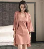 Women's Sleepwear Sexy 2PCS Robe Sets Female V-Neck Faux Silk Sleeping Gowning Lounge Bathrobe Sling Nightdress Lace Sweet Wedding Nightwear