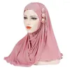 Etnische kleding bloemen Tassel Decor Soft Headwrap Hijabs Solid Color Muslim Women Jersey Tulband Hoofddoek Wrinkle Assistant Islamic