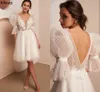 Dot Puff Sleeves Short A Line Wedding Dresses Sexy V Neck Open Back Floral Lace Appliqued Bridal Gowns Boho Garden Tulle Brides Second Reception Party Dress CL1717