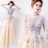 Ethnic Clothing Exquisite Appliques Trim Long Banquet Gown Women Elegant O-Neck Evening Party Dress Butterfly Sleeve Sweet Mesh Fairy