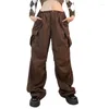 Women's Pants Y2k Cargo Grey Solid Color Low Waist Straight Leg Trousers With Multi Pockets 2000s Women Drawstring Sweatpants Streetwear