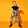 Bühnenkleidung Mädchen Jazztanz Performance Kostüm Schwarz Crop Tops Mode Hip-Hop Hosen Kurze Ärmel Sommer Street Dance Anzug BL6249