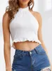 Kvinnors tankar Summer Hang Neck Ruched Sweet Top Women Streetwear Backless Retro Sexig gröda kvinnlig designer korsett Slim Fit Chic Tops 2023