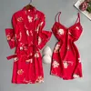 Indumenti da notte delle donne Stampa Womens 2PCS Kimono Robe Set Sexy Accappatoio Abito Intimo di pizzo Lingerie Casual Raso Camicia da notte Abbigliamento per la casa