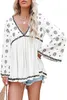Women's Blouses White V Neck Embroidered Flare Sleeve Pleated Hem Top Women Casual Autumn Spring Babydoll S-2XL